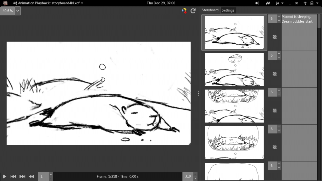 GIMP's animation plug-in: storyboard view