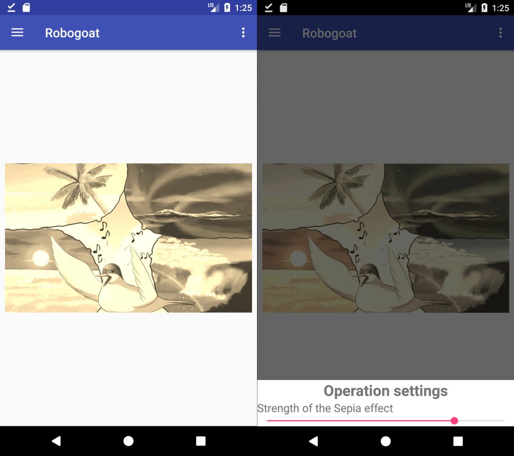 Robogoat screenshot: applying a gegl:sepia effect in Android